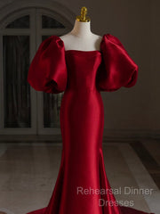 Burgundy Puff Sleeves Satin Burgundy Long Semi Formal Prom Dress, Burgundy Long Formal Dress