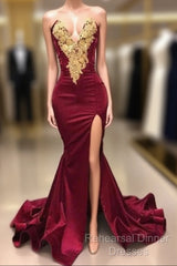 Burgundy Robe De Soiree Mermaid Sweetheart Appliques Beaded Slit Sexy Long Semi Formal Prom Dresses Semi Formal Prom Gown Evening Dresses