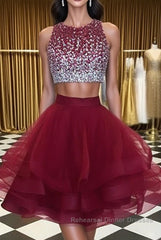 Burgundy Round Neck 2 Pieces Sequins Tulle Short Semi Formal Prom Dresses, 2 Pieces Burgundy Homecoming Dresses, Graudation Dresses