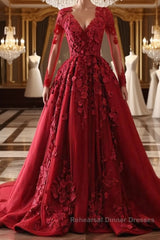 Burgundy round neck lace long Semi Formal Prom Dresses burgundy evening Dresses