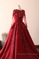 Burgundy round neck lace long Semi Formal Prom Dresses burgundy evening Dresses
