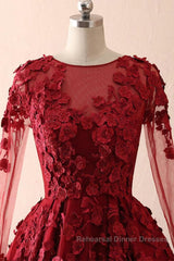 Burgundy round neck lace long Semi Formal Prom Dresses burgundy evening Dresses