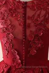 Burgundy round neck lace long Semi Formal Prom Dresses burgundy evening Dresses