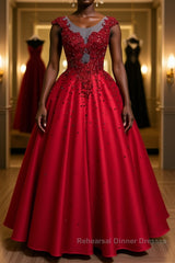 Burgundy round neck lace satin long Semi Formal Prom Dresses burgundy evening Dresses
