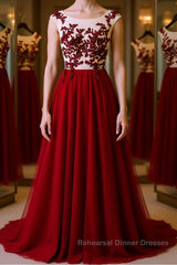Burgundy round neck tulle lace long Semi Formal Prom Dresses, bridesmaid Dresses