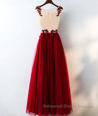 Burgundy round neck tulle lace long Semi Formal Prom Dresses, bridesmaid Dresses