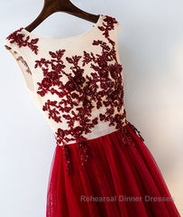 Burgundy round neck tulle lace long Semi Formal Prom Dresses, bridesmaid Dresses