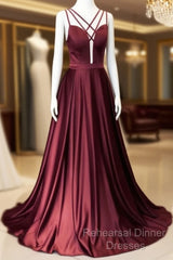Burgundy Satin Cross Straps Long A Line Semi Formal Prom Dress