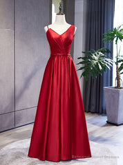 Burgundy Satin Dissymmetry Neck Beading Prom Dress