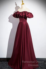 Burgundy Satin Floor Length Semi Formal Prom Dress, Simple A-Line Evening Party Dress