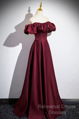 Burgundy Satin Floor Length Semi Formal Prom Dress, Simple A-Line Evening Party Dress