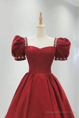 Burgundy Satin Long Prom Dress, A-Line Short Sleeve Evening Dress