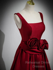 Burgundy Satin Long Semi Formal Prom Dress With Flowers, Elegant A-Line Party Dress
