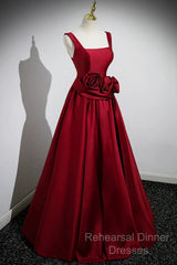 Burgundy Satin Long Semi Formal Prom Dress With Flowers, Elegant A-Line Party Dress