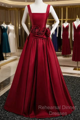Burgundy Satin Long Semi Formal Prom Dress With Flowers, Elegant A-Line Party Dress