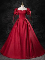 Burgundy Satin Puff Sleeve Strapless Quinceanera Dress