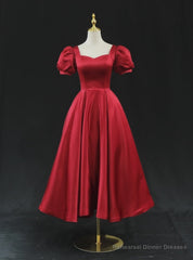 Burgundy Satin Short Sleeve Prom Dress