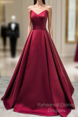 Burgundy Satin V Neck Long Dress
