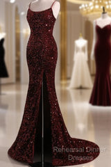Burgundy Sequin Mermaid Backless Semi Formal Prom Dress Long Evening Dress