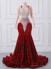 Burgundy Sequins Mermaid Lace Prom Dress