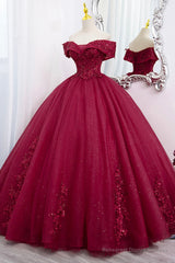 Burgundy Sweet 16 Formal Gown with Lace, Off the Shoulder Prom Dress Party Dress