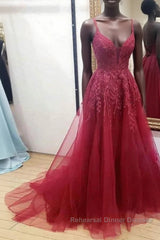 Burgundy sweetheart tulle lace long Semi Formal Prom Dresses formal Dresses