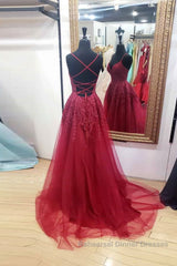 Burgundy sweetheart tulle lace long Semi Formal Prom Dresses formal Dresses