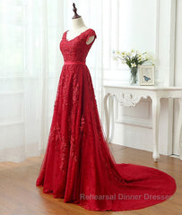 Burgundy tulle lace applique long Semi Formal Prom Dresses, burgundy evening Dresses