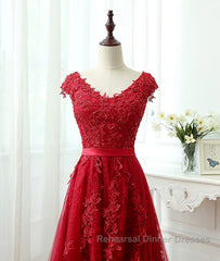 Burgundy tulle lace applique long Semi Formal Prom Dresses, burgundy evening Dresses