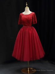 Burgundy Tulle Lace Short Sleeve Homecoming Dress