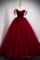 Burgundy Tulle Long A-Line Evening Dress, Off the Shoulder Formal Party Dress
