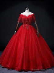 Burgundy Tulle Off the Shoulder Beading Appliques Quinceanera Dress