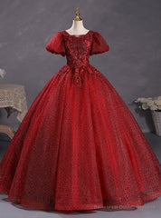 Burgundy Tulle Puff Sleeve Appliques Beadng Quinceanera Dress
