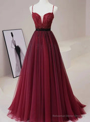 Burgundy Tulle Spaghetti Straps Beaded Prom Dress
