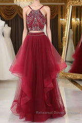 Burgundy two pieces beads long Semi Formal Prom Dresses, burgundy evening Dresses