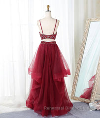Burgundy two pieces beads long Semi Formal Prom Dresses, burgundy evening Dresses