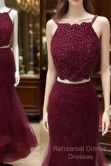 Burgundy Two Pieces Lace Tulle Long Semi Formal Prom Dress