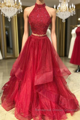 Burgundy two pieces tulle lace long Semi Formal Prom Dresses, lace evening Dresses