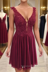 Burgundy v neck chiffon lace short Semi Formal Prom Dresses, homecoming Dresses