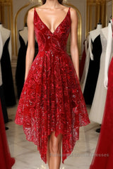 Burgundy v neck lace high low Semi Formal Prom Dresses lace formal Dresses