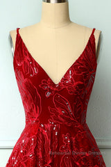 Burgundy v neck lace high low Semi Formal Prom Dresses lace formal Dresses