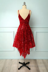 Burgundy v neck lace high low Semi Formal Prom Dresses lace formal Dresses