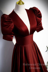 Burgundy V-Neck Satin Long Semi Formal Prom Dress, Simple Short Sleeve Evening Party Dress