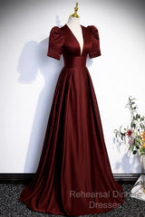 Burgundy V-Neck Satin Long Semi Formal Prom Dress, Simple Short Sleeve Evening Party Dress