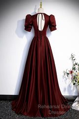 Burgundy V-Neck Satin Long Semi Formal Prom Dress, Simple Short Sleeve Evening Party Dress