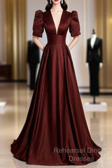 Burgundy V-Neck Satin Long Semi Formal Prom Dress, Simple Short Sleeve Evening Party Dress