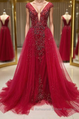 Burgundy v neck tulle beads long Semi Formal Prom Dresses, burgundy evening Dresses