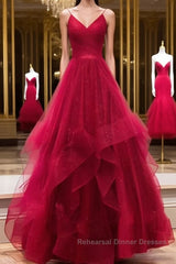 Burgundy v neck tulle long Semi Formal Prom Dresses, burgundy evening Dresses