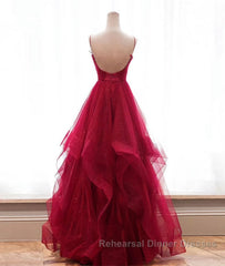 Burgundy v neck tulle long Semi Formal Prom Dresses, burgundy evening Dresses