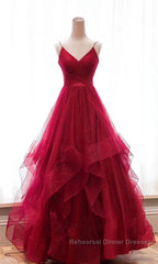 Burgundy v neck tulle long Semi Formal Prom Dresses, burgundy evening Dresses